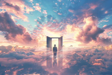 A serene image depicting a man standing at the gates of heaven, gazing thoughtfully at the doors to the afterlife amid soft, fluffy clouds in the blue sky, evoking themes of faith and reflection.