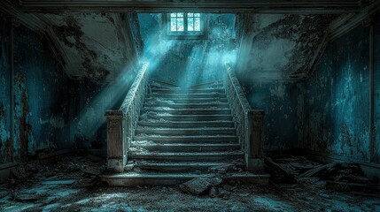 Sunlit Staircase in a Decaying Mansion