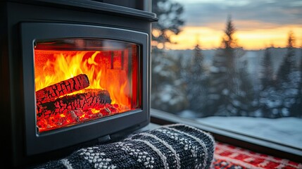 Cozy Fireplace Burning Bright Winter Sunset View