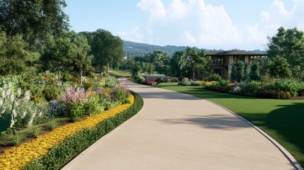 Obraz premium Winding Pathway to Modern House in Lush Gardens