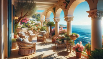 Mediterranean villa balcony, arched doorways, wicker furniture, oceanfront view, mountains in distance, potted plants, sunlit terrace, cozy seating area, turquoise sea, white painted walls, tranquil a