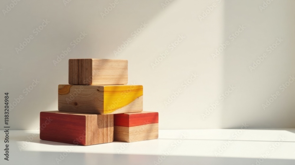 Poster stylish wooden blocks arranged in a pyramid shape on a white surface with sunlight