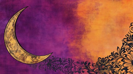 Golden Crescent Moon Floral Design On Textured Background