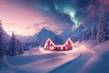 Fototapeta premium A cozy cabin adorned with warm lights sits peacefully in a winter wonderland at dusk. Snow blankets the ground while vibrant northern lights dance across the sky above majestic mountains