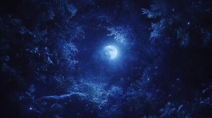 Fototapeta premium Winter Night Forest Moonlit Scene Snow Covered Trees