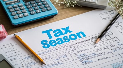 Obraz premium Detailed Tax Preparation Overview with Tax Season Notice, Calculator, Filing Form, Pencil, and Decorative Elements on a Wooden Surface