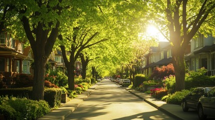 Obraz premium A sunny street in suburbia with rows of houses, colorful front gardens, and green trees forming a perfect canopy.