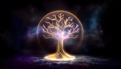 Goal of life, growth and motivation: Tree of life glowing with golden light, spiritual growth.