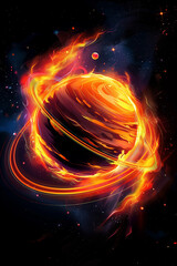 Obraz premium A stunning illustration of a vibrant, fiery gaseous planet surrounded by magnificent rings, set against the backdrop of deep space filled with stars and cosmic elements.