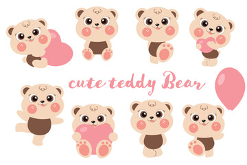 Cute Teddy Bear Illustrations with Hearts and Balloons