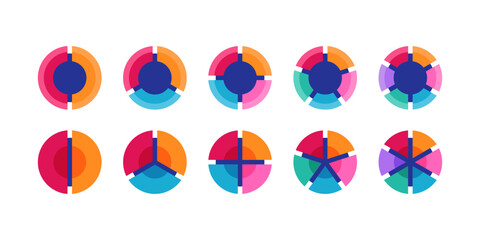 Pie chart set. Colorful diagram collection with 2,3,4,5,6 sections or steps. Circle icons for infographic, UI, web design, business presentation. Vector illustration.