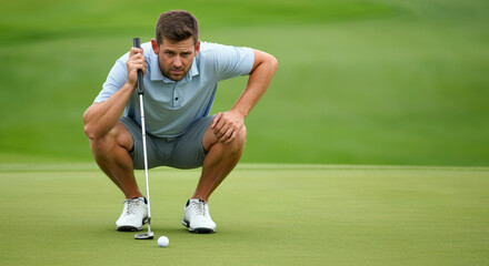Professional male golfer crouching and analyzing the green before taking a shot.