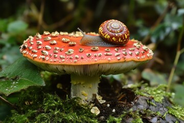 Fototapeta premium Snail resting on vibrant red mushroom in a lush forest setting during daytime