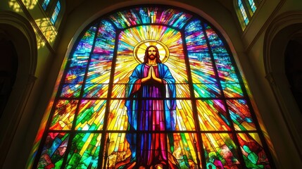 A stained-glass window depicting Jesus Christ in a church, with colorful rays of light streaming through.