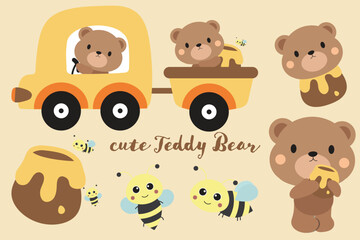 Cute Teddy Bear Illustration with Honey and Bees