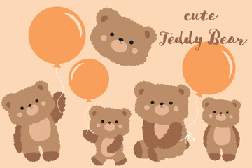 Cute Teddy Bear Illustrations with Hearts and Balloons