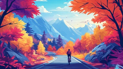 A tranquil hill road with a cyclist moving quietly through vibrant landscapes, surrounded by majestic natural beauty.