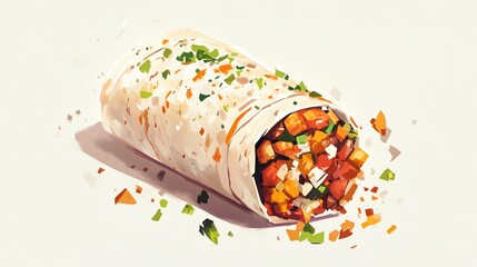a 2D cartoon illustration of a burrito with fillings, wrapped and ready, fun and tasty, white background--ar 16:9