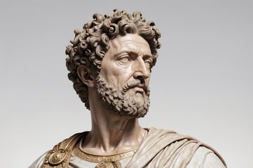 Obraz premium Close-up of a detailed, sculpted bust of a man with curly hair and a beard, wearing Roman attire.