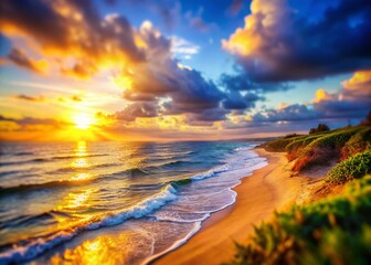 Obraz premium Miniature Sunset Seascape: Calm Ocean at Golden Hour