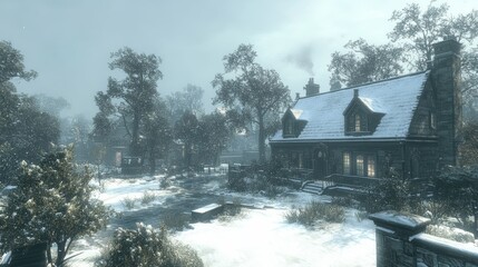 Winter Village Scene Snow Covered Cottage and Trees