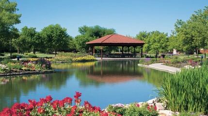 Obraz premium A tranquil pond at Flora Park reflecting the vivid colors of surrounding blooms in its clear waters.