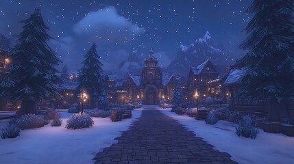 Fototapeta premium Winter Village Night Scene Snowy Cobblestone Street