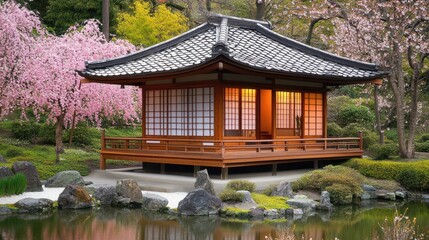 Fototapeta premium Traditional Japanese wooden house, with a tiled roof, shoji screens, small rock garden, cherry blossoms blooming nearby