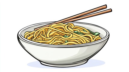 a 2D cartoon illustration of a bowl of noodles with chopsticks, delicious and fun, white background--ar 16:9