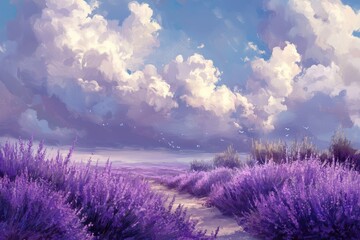 Obraz premium Lavender fields stretch under a sky filled with fluffy clouds and the gentle beauty of a serene landscape at dusk