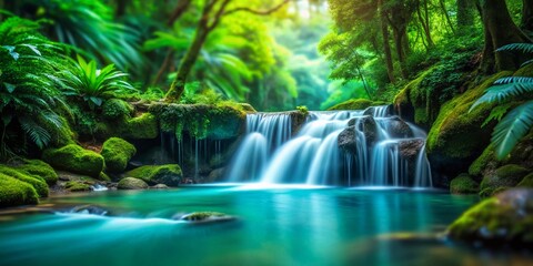 Miniature Tropical Waterfall, Turquoise Cascade in Lush Rainforest, Tilt-Shift Photography