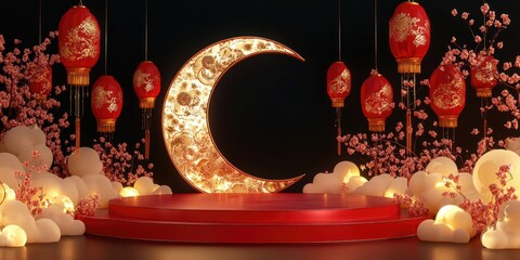 Naklejka premium Festive Lunar New Year Stage Design With Lanterns And Blossoms