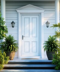 White wooden double doors, classic entryway, symmetrical potted palm trees, bright white brick exterior, blue doorstep, traditional American architecture, elegant home entrance, tropical landscaping, 