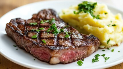 A tender steak on a white plate, garnished with fresh herbs and served with a creamy mashed potato side.
