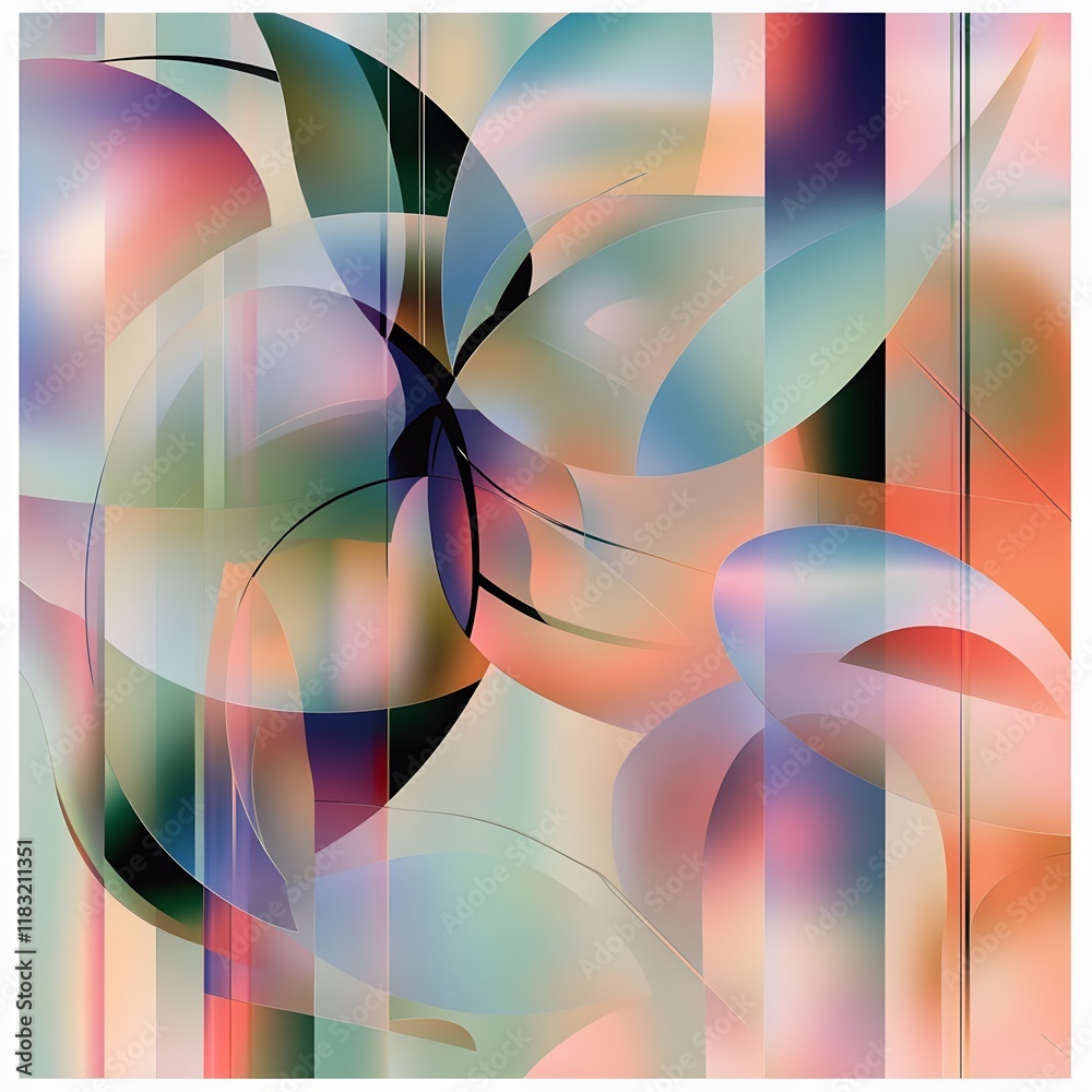 Aufkleber An abstract illustration emphasizing the concept of layers, with multiple overlapping translucent planes in various shapes and sizes. Each layer is rendered in a gradient of soft, complementary colors