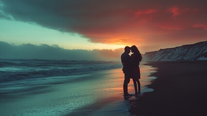 Fototapeta premium Young couple embraced, taking a walk on the sandy beach at sunset, lovely Valentine theme, holding hands, romantic date, ocean view