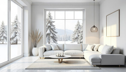 Winter living room with scenic snowy view modern design cozy atmosphere bright environment
