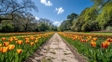 Fototapeta premium A wide-angle shot of Flora Park's flower beds, with rows of colorful blooms stretching to the horizon.