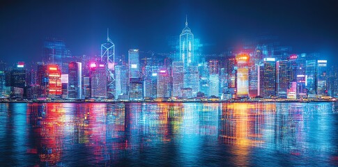 Neon Hong Kong Skyline: Vibrant Nightscape in Electric Hues