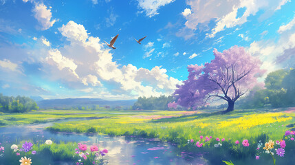 Obraz premium 春の青空と満開の桜、彩り豊かな花々が広がる田園風景