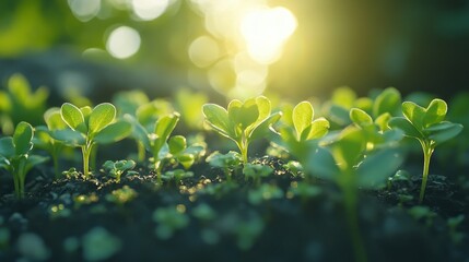 Fresh green shoots pushing through the soil, illuminated by soft sunlight, symbolizing new growth, vitality, and renewal in nature. Close-up of vibrant sprouts emerging from the earth, evoking hope.