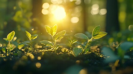 Fresh green shoots pushing through the soil, illuminated by soft sunlight, symbolizing new growth, vitality, and renewal in nature. Close-up of vibrant sprouts emerging from the earth, evoking hope.
