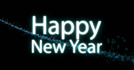 Image of happy new year text over glowing light trails on black background