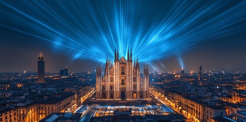 Naklejka premium Milan Cathedral: Night Lightscape, Architectural Majesty, Vibrant Blue Radiance