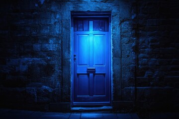 Blue Door in a Dark Stone Wall at Night