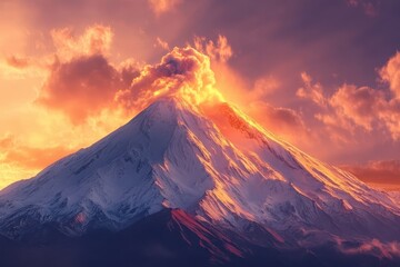 Fototapeta premium Majestic volcano erupts at sunset, casting a warm glow over surrounding landscape