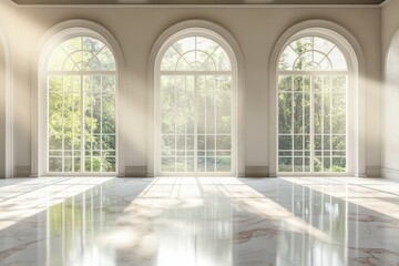 Fototapeta premium Bright and spacious room with large arched windows overlooking a garden at midday