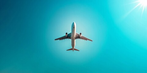 Fototapeta premium Minimalist Airplane in Sky: Clean Lines, Blue Sky, Single Plane, Aerial View, Travel Concept