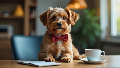 Cute Dog in Bow Tie, Coffee Shop Stock Photo - Pet photography