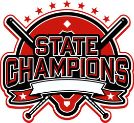 state champions in baseball team design with diamond and banner for school, college or league sports